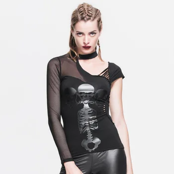 Velnias Mados Steampunk Vieną Rankovėmis Marškinėliai Moterims Gothic Black Ruožas Marškinėliai, Topai Pavasario Vasaros