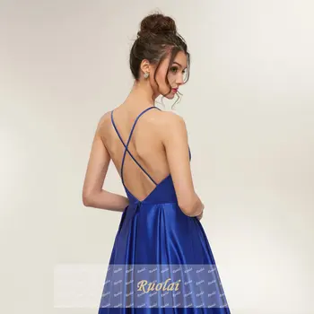 Vestido de noiva Seksualus Prom Dresses 2018 Ilgos Satino Spageti Dirželis Royal Blue Šalis Suknelės Ilgai Atvira nugara Vakaro Suknelės Ilgio