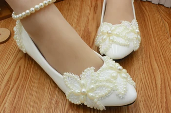 Vestuvių batai nuotaka butas kulno, kulkšnies duobute dirželis romantiškas, elegantiškas individualų off white pearls nuotakos vestuvių batai HS028
