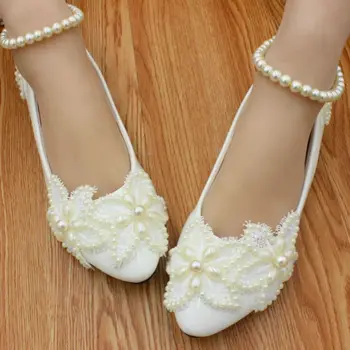 Vestuvių batai nuotaka butas kulno, kulkšnies duobute dirželis romantiškas, elegantiškas individualų off white pearls nuotakos vestuvių batai HS028