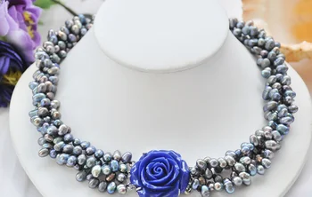 Vestuvių moterų Papuošalų Rinkinys 4 Eilučių, 8-10mm Šviesiai Mėlyna Pilka tikras Perlas Karoliai, Apyrankės Blue Rose Užsegimas Natūralių Gėlavandenių Perlų