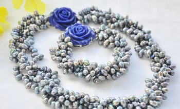 Vestuvių moterų Papuošalų Rinkinys 4 Eilučių, 8-10mm Šviesiai Mėlyna Pilka tikras Perlas Karoliai, Apyrankės Blue Rose Užsegimas Natūralių Gėlavandenių Perlų