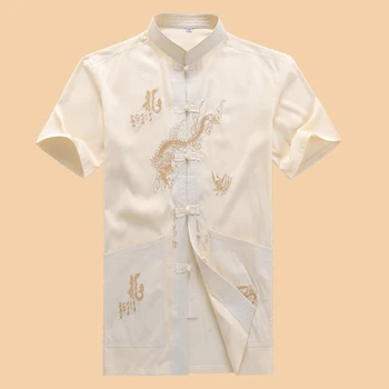 Vidutinio amžiaus Kinų kostiumas trumpomis rankovėmis marškinėliai dragon Siuvinėjimo vyriški marškinėliai mygtuką Chi drabužių Ryte pratimai drabužiai