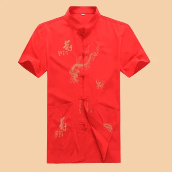 Vidutinio amžiaus Kinų kostiumas trumpomis rankovėmis marškinėliai dragon Siuvinėjimo vyriški marškinėliai mygtuką Chi drabužių Ryte pratimai drabužiai