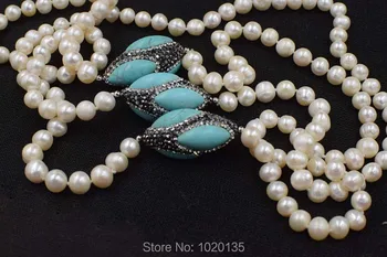 Vieną rinkinį gėlavandenių perlų balta netoli raundas 8-9mm ir žalia turquoises akmens auskarai, karoliai FPPJ didmeninė karoliai karoliukai