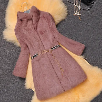Visą odos nekilnojamojo triušių kailių žiemos paltai moterims, ilgai dizaino stovėti apykaklės šiltą natūralaus kailio striukė viršutiniai drabužiai 2017 mados paltas