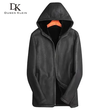 Vyrai juoda žiemos paltai su gaubtu shearling jacket vyrų Dusen Klein Originali, avikailio, vilnos linijinės vyrų Prabangūs odiniai paltai 71E1727