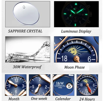 Vyrai Prabanga Safyras Žiūrėti Vyrų Ženklo Laikrodžiai Automatinis Mechaninis Laikrodis atsparus Vandeniui natūralios Odos Mados Šviesos Riešo žiūrėti