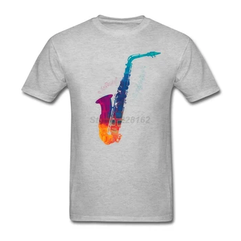 Vyras Saksofonas Spalva roko marškinėlius Mados Muzikos instrumentų Trumpas Pilka Tee Marškinėliai vyrams Tee Medvilnės