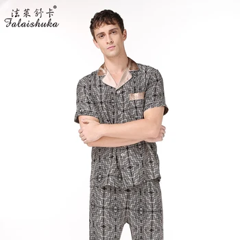 Vyriški šilko pajama komplektai vientisos spalvos nauja mados pledas trumpas rankovės šilko sleepwears vyrų miego&lounge pižama plius dydis