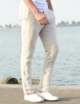 Vyrų lino atsitiktinis pants mens vasaros orui slim tiesios kelnės vyrams elastinga juosmens vyrų linų kelnės plonas smėlio baltas chaki
