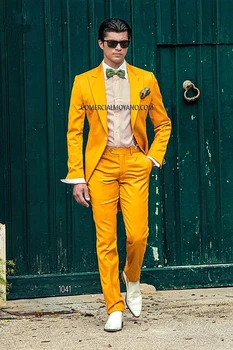 Vėliau Kailis Ziajać Dizaino Geltona Atsitiktinis Vyrų Kostiumas Slim Fit 2 Gabalas Italijos Smokingas Užsakymą Stilingas Šalis Prom Kostiumai Terno Masculino