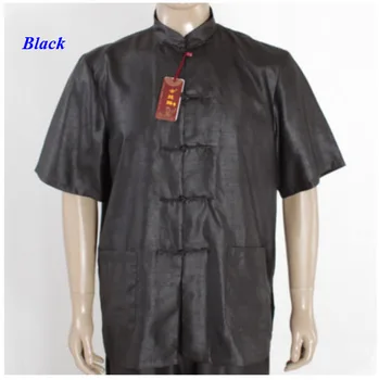Wateredgauze šilko vyrų juodi marškinėliai,gryno šilko Kinijos tradicinės trumpas rankovėmis tango kostiumas,šilko nuolatinis apykaklės marškinėliai vyrams