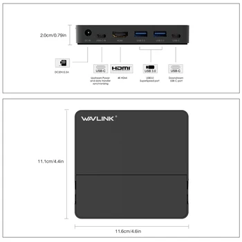 Wavlink Mini USB3.1 Universalus usb docking station Tipas-C USB-C, HDMI 4K Ekranas 50W Galia Pristatymo skirta 