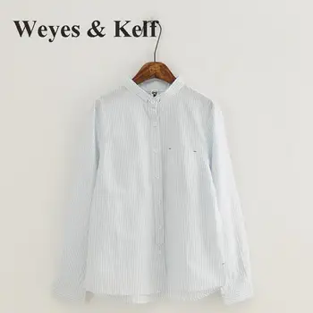 Weyes & Kelf Girtls ilgomis Rankovėmis Marškinėliai Medvilnės Blusas Women2018 Dryžuotas Marškinėliai Moteriška Paprasta Stovėti Vieną-breaste Viršūnes Moterų Palaidinė