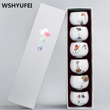 WSHYUEI 6pcs aukštos kokybės dėžutė pakuotės puodeliai Kung Fu arbatos rinkiniai Jingdezhen Ming porceliano dovana draugams arbatos puodelio Rankų darbo