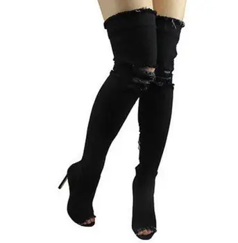 XDA Moterų Batai vasarą, rudenį peep toe Per kelius siekiantys Batai Aukštos kokybės elastiniai džinsai mada batai aukštakulniai batai