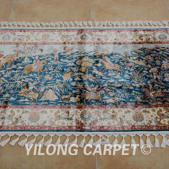 Yilong 2.7'x5.1' Rytų šilko kilimų medžioklės dizaino prabangus rankų rišti persų kilimas (1605)