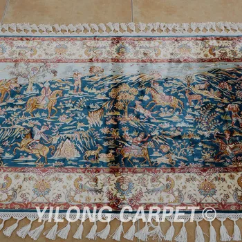 Yilong 2.7'x5.1' Rytų šilko kilimų medžioklės dizaino prabangus rankų rišti persų kilimas (1605)