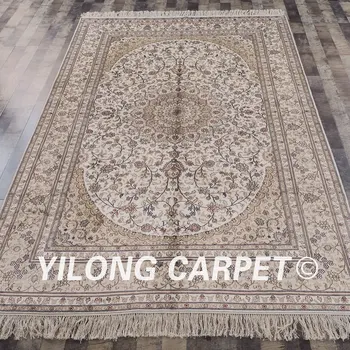YILONG 6'x9' qum šilko kilimų vantage prabangus gėlių balta ir smėlio spalvos persų šilko kilimas (YHW036B6x9)