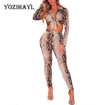 Yozihayl Seksualus Dviejų dalių Komplektas Pasėlių Viršaus ir Kelnės Moterims Šalis Clubwear ilgomis Rankovėmis 2 Gabalas Gyvūnų Spausdinti Nustatyti 2018 M. Pavasario Komplektus Rinkinys