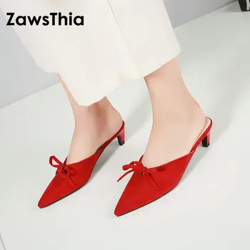 ZawsThia 2018 metų vasaros, rožinė raudona juoda moteris mulų bateliai smailiomis kojų slysta šlepetės moterims su bowtie slydimo batų plius dydis 44