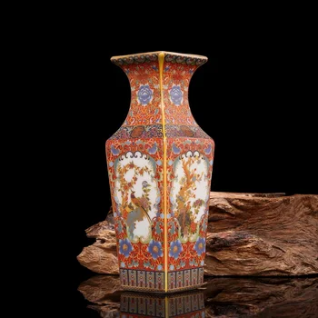 Čing Yong Zheng Senovinių Keramikos Vaza Emalio Paauksuota Aikštėje, Vazos Su Gėlių ir Paukščių Antikvariniai Porceliano Senovės Porceliano Kolekcija