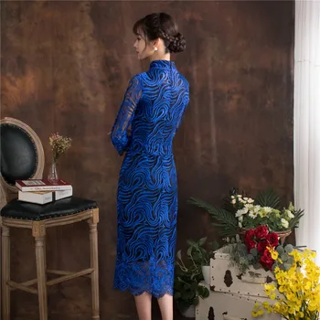 Šanchajaus Istorija Mėlyna Aukštos Padalinta Qipao Nėrinių Suknelė Kinijos Cheongsam Rytų suknelė Kinijos Moterų Suknelės Pavasario Vasaros