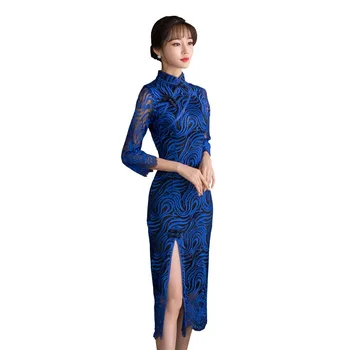 Šanchajaus Istorija Mėlyna Aukštos Padalinta Qipao Nėrinių Suknelė Kinijos Cheongsam Rytų suknelė Kinijos Moterų Suknelės Pavasario Vasaros
