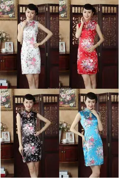 Šanchajaus Istorija naujasis kinijos nacionalinės suknelė spalvinga gėlių spausdinti trumpas cheongsam Dirbtiniais šilko cheongsam kinijos vintage suknelė J502X