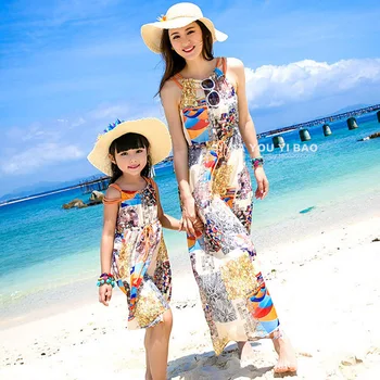 Šeimos Išvaizdą ! Atitikimo Motinos Dukra Bohemian Suknelės Rankovių Gėlių Spausdinti Paplūdimio Maxi Suknelė ir Tėvo Sūnus T-shirts