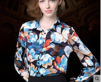 Šilko gėlių spalva, temperamentas ilgomis rankovėmis moterų didelio dydžio marškinius pavasario šilko atvartas marškinėliai 2 karoliai