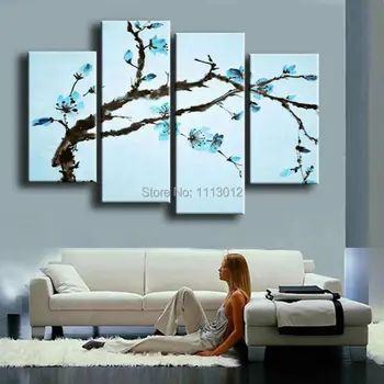 Šiuolaikinio Abstraktaus Šviesiai Mėlyna Camellia Žiedų Medžio Aliejaus Tapybos Ant Drobės 4 Kolegijos Menų Nustatyti Namų Sienos Dekoratyvinis Už Kambarį