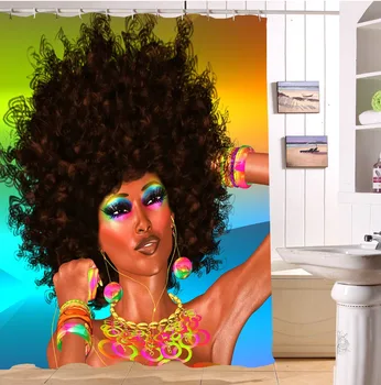 Šiuolaikinės Afro Plaukų Mergina Makiažas Afrikos Moteris Vandeniui Poliesterio Audinio Dušo Užuolaidos Vonios Užuolaidų 12Hooks