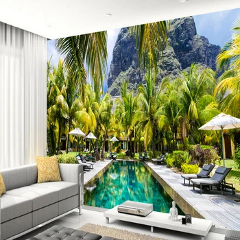 Šiuolaikinės foto tapetai, kokoso medžių, tropinių kraštovaizdžio freskomis, gyvenamasis kambarys sofos, miegamojo dekoratyvinis fonas, tapetai