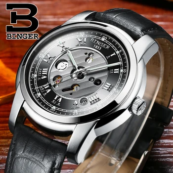 Šveicarija, Laikrodžių vyrams prabangos prekės ženklo Laikrodžius BINGER Mechaninė Laikrodžius vandeniui odinis dirželis žiūrėti B1159G-5
