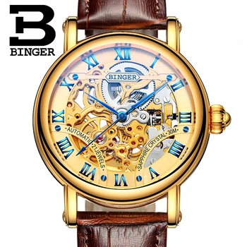 Šveicarija prabangūs vyriški watche BINGER prekės Tuščiaviduriai Iš Mechaninė Laikrodžius safyras visą nerūdijančio plieno B-5066M-6