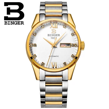 Šveicarijos vyrų žiūrėti prabangos prekės ženklo Laikrodžius BINGER 18K aukso Automatinė savarankiškai vėjo pilna nerūdijančio plieno, atsparus vandeniui B1128-8