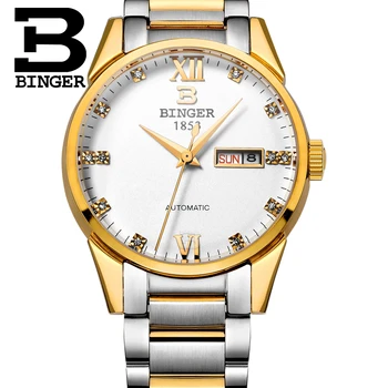 Šveicarijos vyrų žiūrėti prabangos prekės ženklo Laikrodžius BINGER 18K aukso Automatinė savarankiškai vėjo pilna nerūdijančio plieno, atsparus vandeniui B1128-8