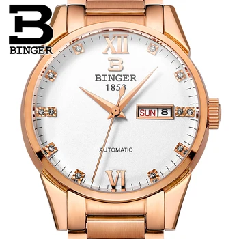 Šveicarijos vyrų žiūrėti prabangos prekės ženklo Laikrodžius BINGER 18K aukso Automatinė savarankiškai vėjo pilna nerūdijančio plieno, atsparus vandeniui B1128-2