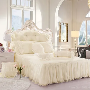 Šviesa, baltos Žakardo Šilko Princesė patalynės komplektas 4pcs šilko Raukiniai, Nėriniai antklode padengti lovatiesė lova sijonas patalyne, karalius ir karalienė dydis