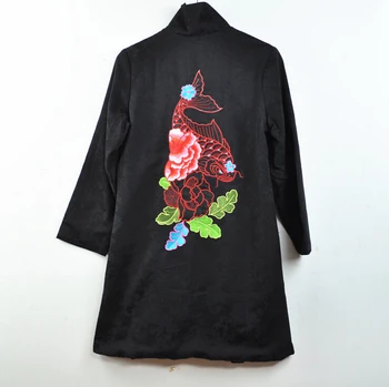 Žiemos chineses tyle retro varlių, žuvų ir gėlių siuvinėjimas medvilnės, paminkštinta kailis folk stiliaus storas paltas korpuso dulkių sluoksnį