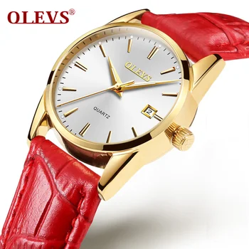 Žiūrėti Moterys OLEVS Prekės Elegantiškas Odos Laikrodžių Mados Ponios Kvarco Data Laikrodžiai Laikrodis Moterims Laisvalaikio moteriški Laikrodžiai Raudona
