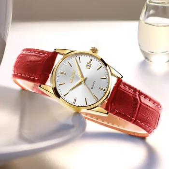 Žiūrėti Moterys OLEVS Prekės Elegantiškas Odos Laikrodžių Mados Ponios Kvarco Data Laikrodžiai Laikrodis Moterims Laisvalaikio moteriški Laikrodžiai Raudona